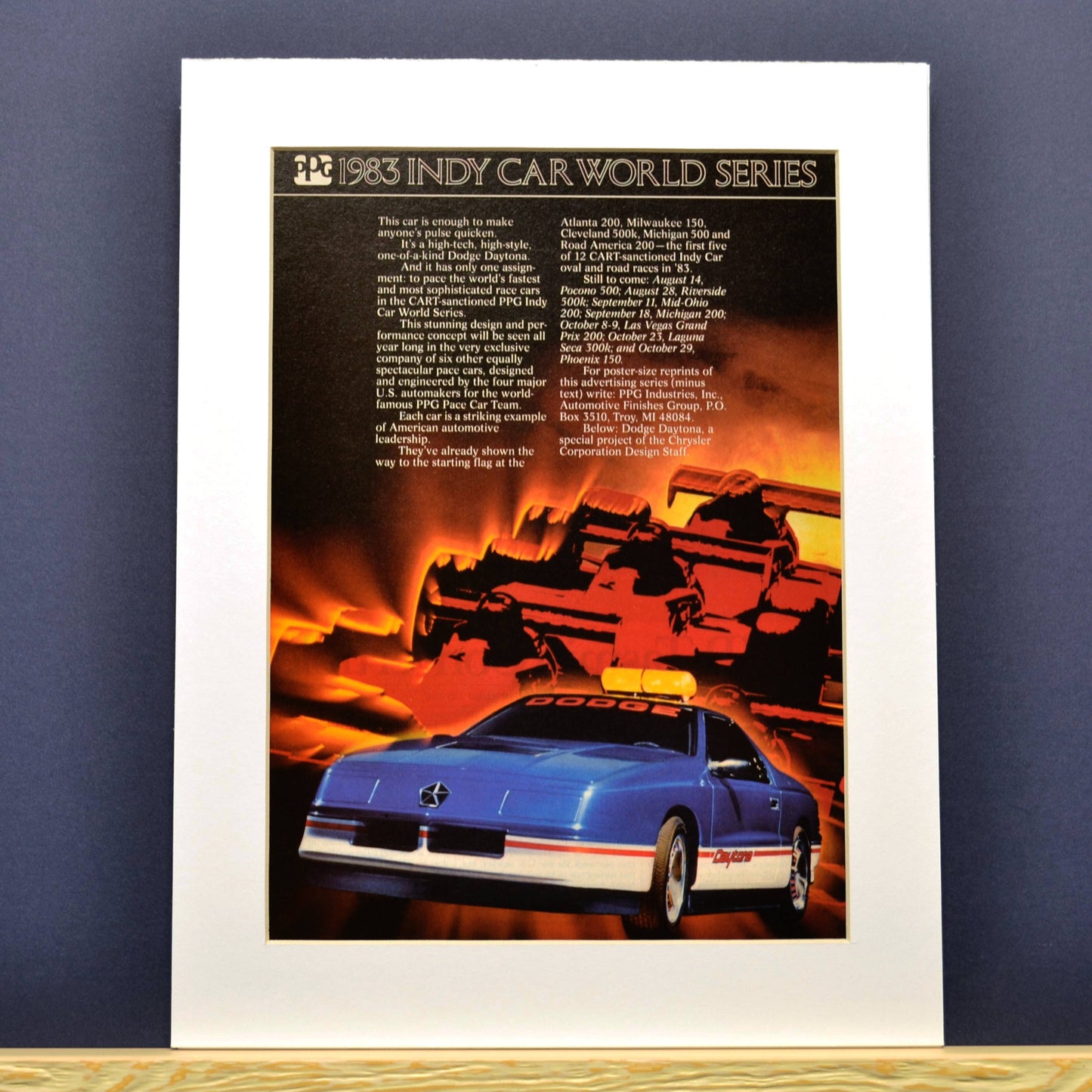 1983 Dodge Daytona Indy pace car classic car print ad, framed automotive wall art