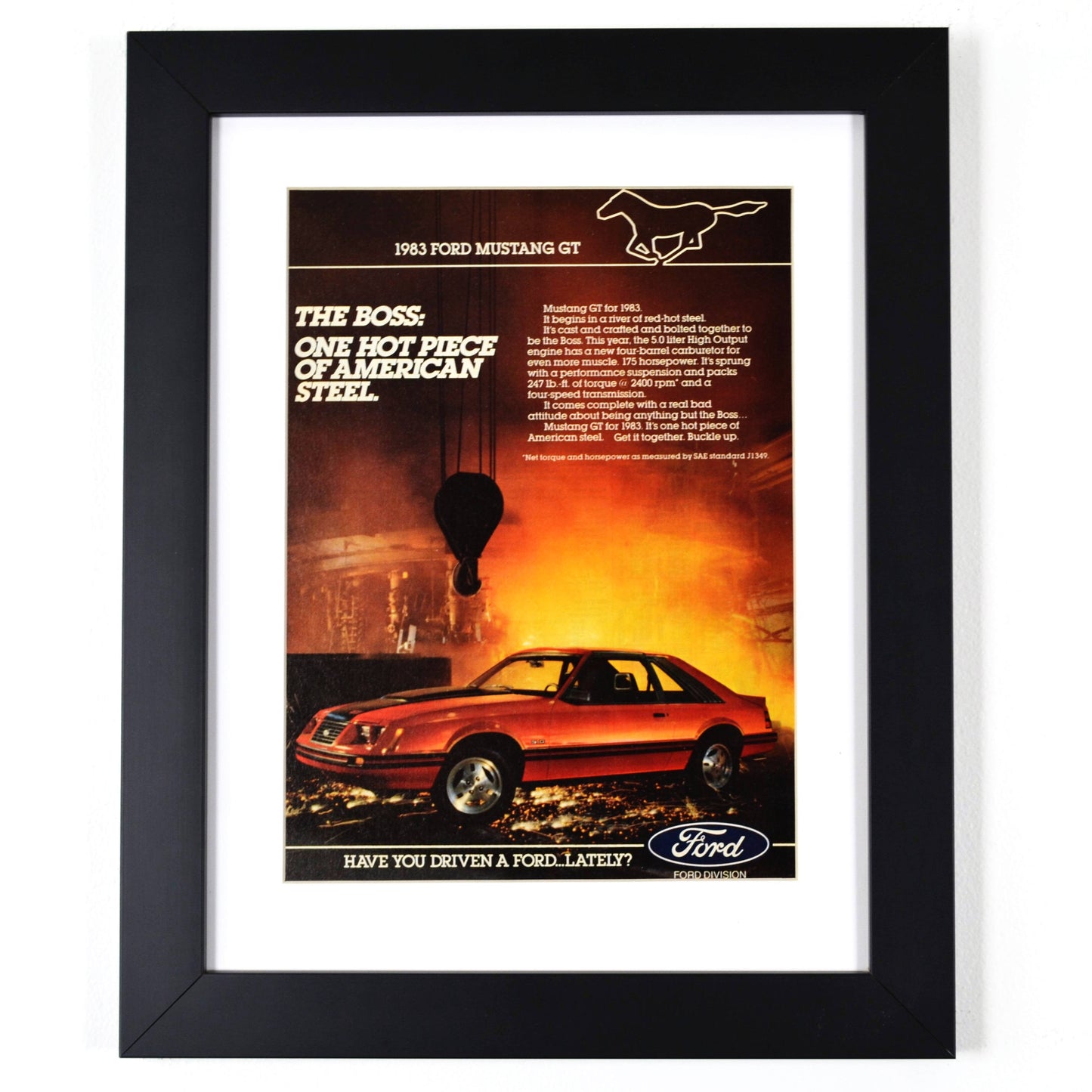 1983 Ford Mustang Foxbody Print Ad, Framed Classic Car wall art