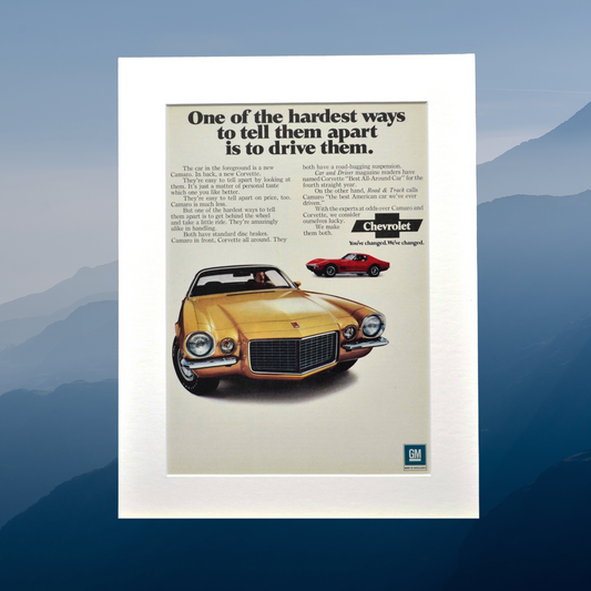 1970 Chevrolet Camaro, Corvette classic car automotive print advertisement