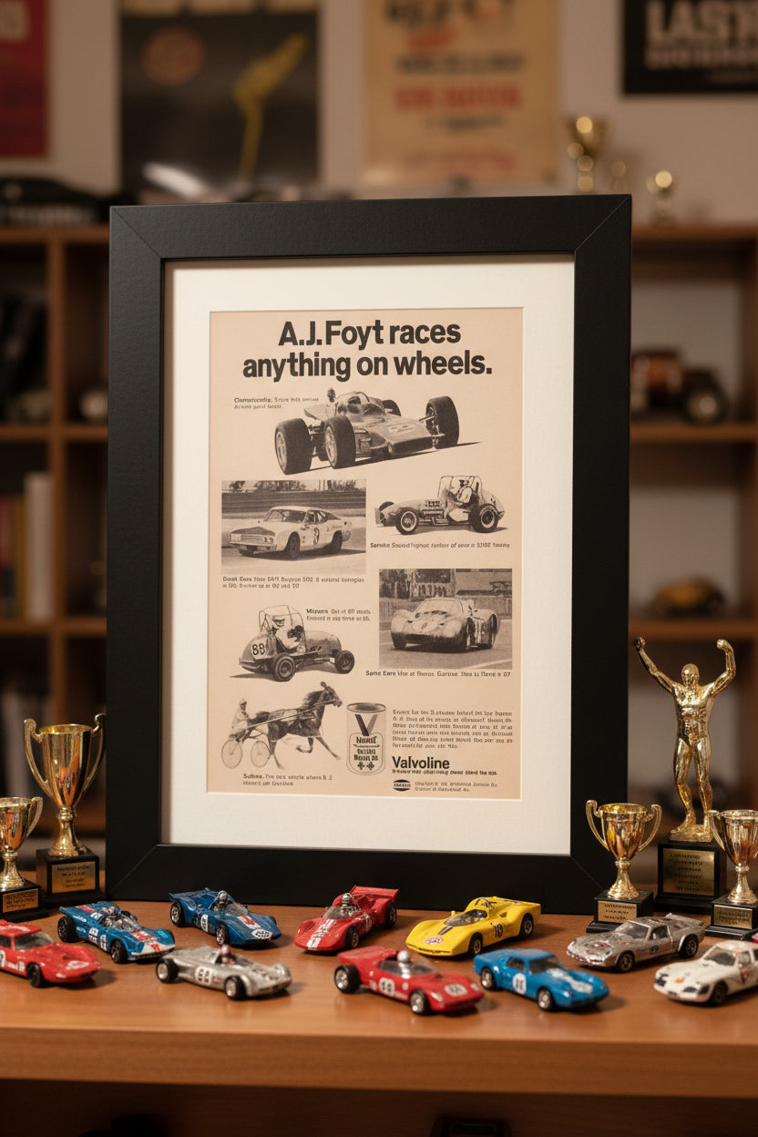 A.J. Foyt races anything on wheels vintage ad framed print side view