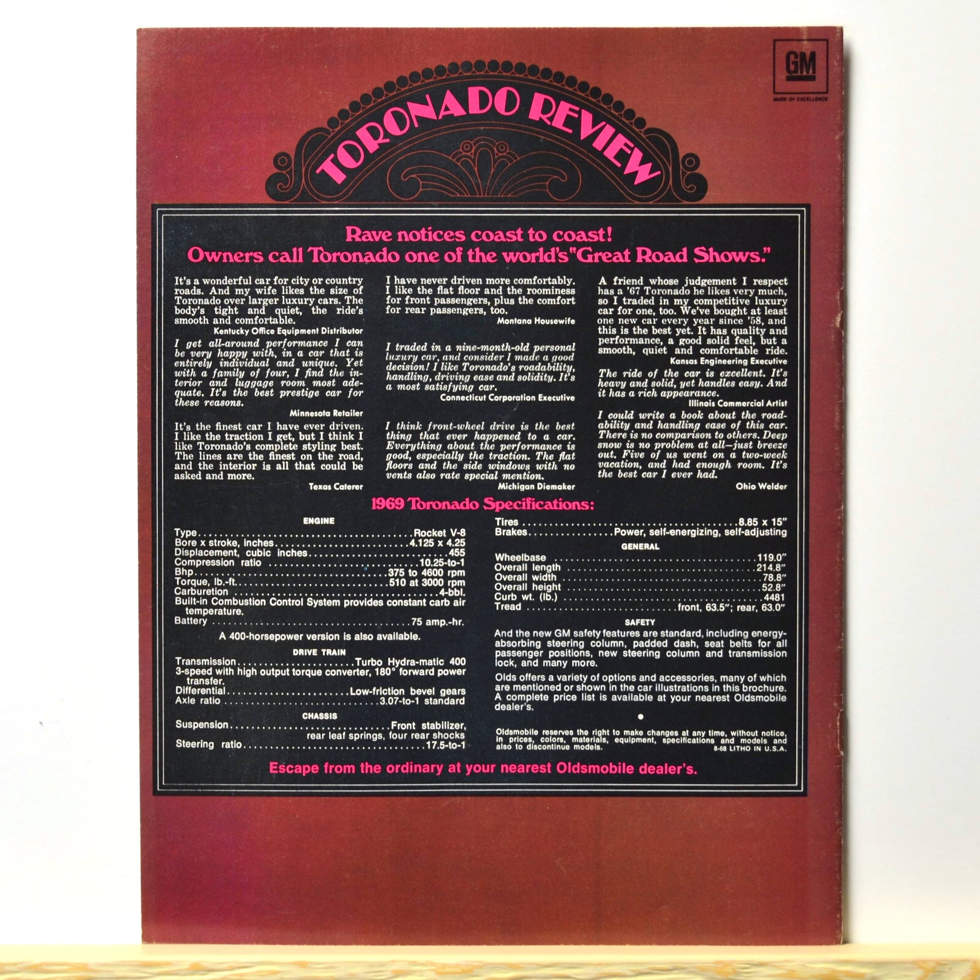 Back cover with 1969 Toronado specs and customer reviews