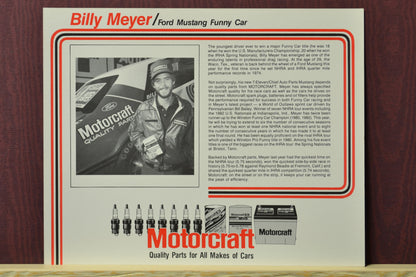 1984 Billy Meyer Mustang Funny Car hero card featuring a black-and-white image of Meyer posing with his Motorcraft-backed race car.