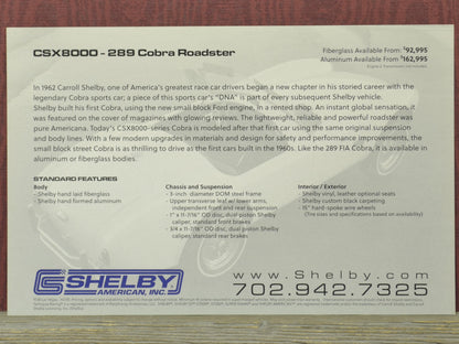 Advertisement for a Shelby Cobra Roadster with text and contact information.