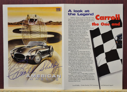 1998 Carroll Shelby American Wheels brochure with Ruel James cover art featuring a Shelby Cobra, a look at the legend.