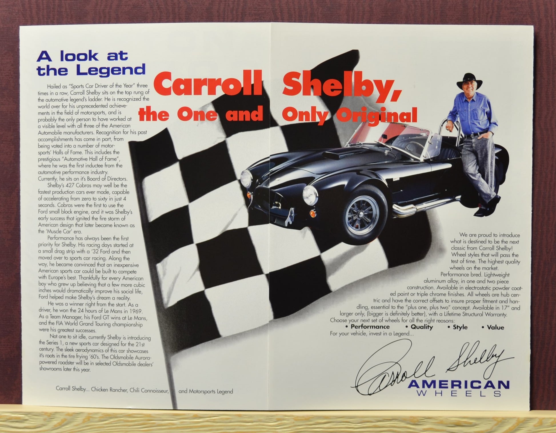 1998 Carroll Shelby American Wheels brochure with AC cobra , the one and only original.