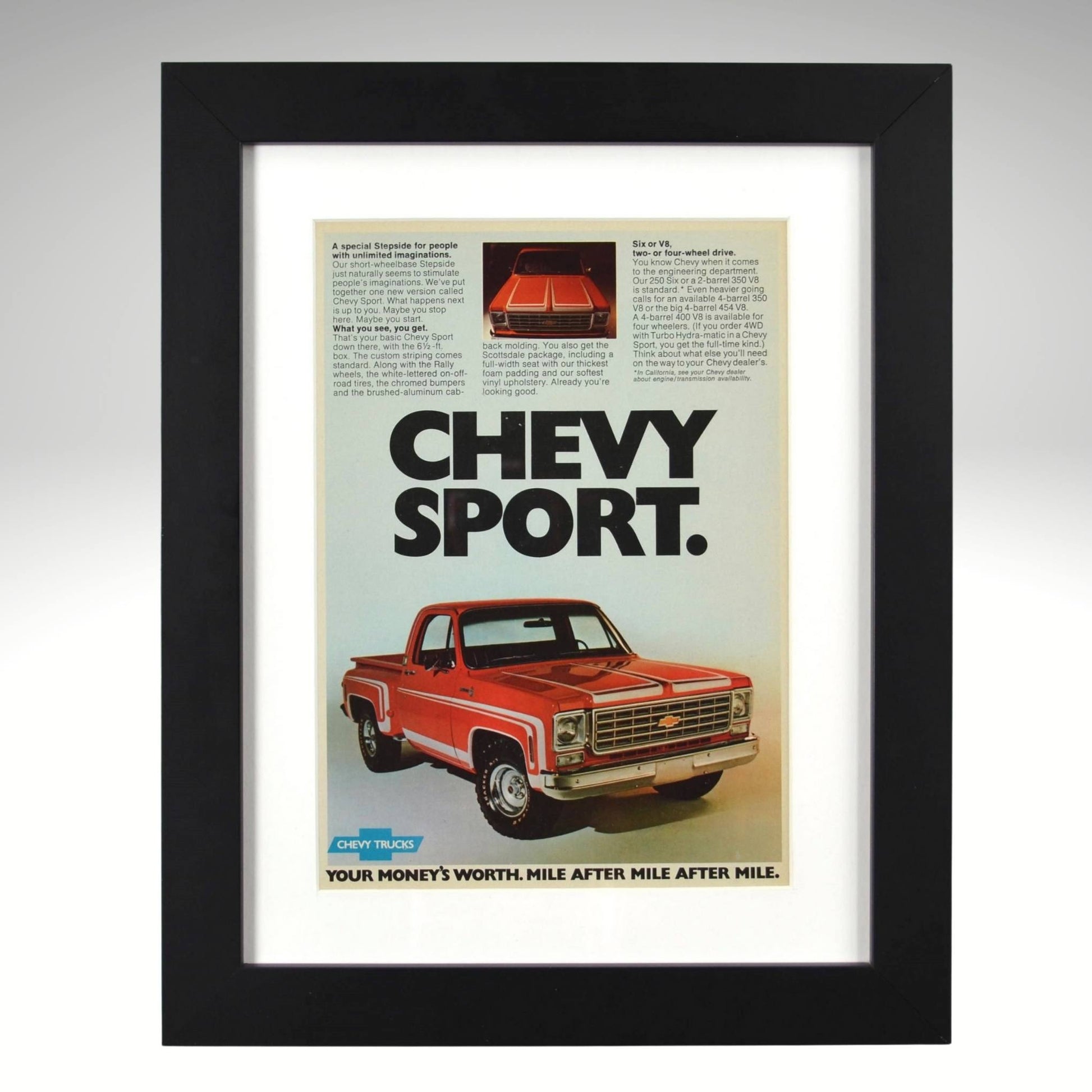 Framed 1975 Chevy Sport pickup ad – red Sportside squarebody with rally wheels, bold 1970s Chevy truck styling.

