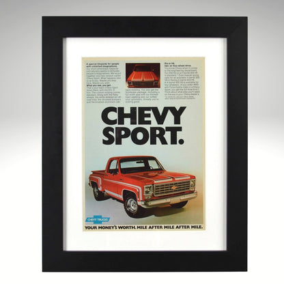 Framed 1975 Chevy Sport pickup ad – red Sportside squarebody with rally wheels, bold 1970s Chevy truck styling.


