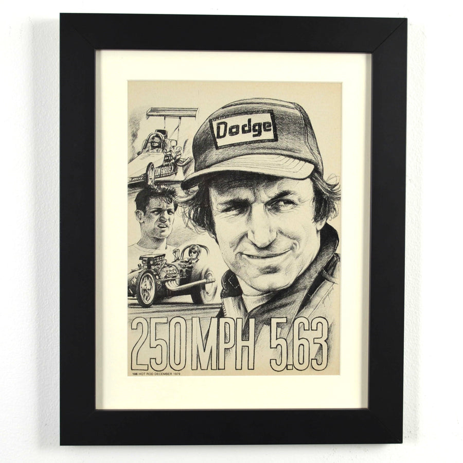 Framed 12x15 Don Garlits vintage print featuring his 1979 Top Fuel dragster and 250 MPH milestone in NHRA history