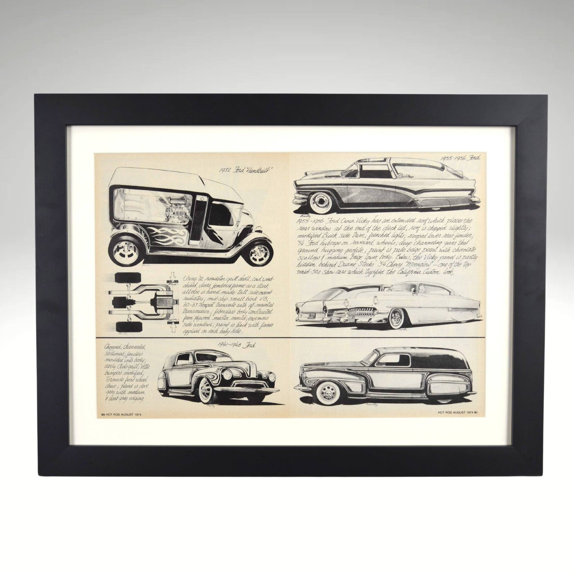 Framed vintage hot rod poster featuring early Ford custom car sketches from Hot Rod Magazine, including ’32 Ford Vans, ’49 Mercurys, and chopped shoebox Fords.