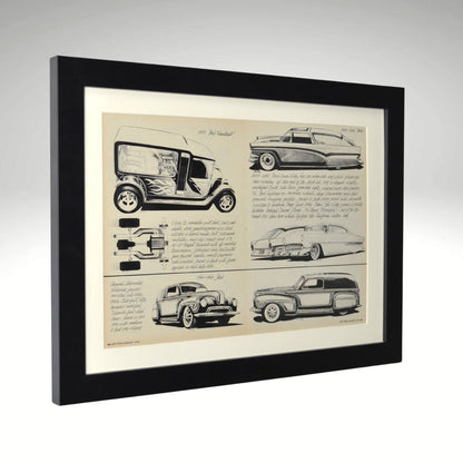 side view of Framed vintage hot rod poster featuring early Ford custom car sketches from Hot Rod Magazine, including ’32 Ford Vans, ’49 Mercurys, and chopped shoebox Fords.