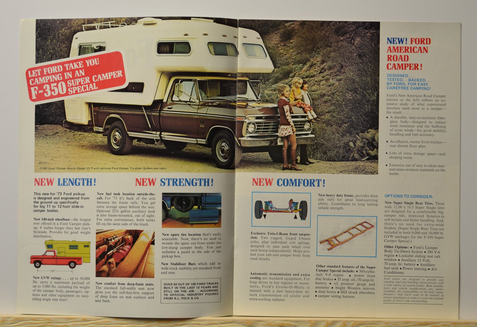 Interior brochure pages featuring 1973 Ford F-350 Super Camper Special with family and camper in scenic setting