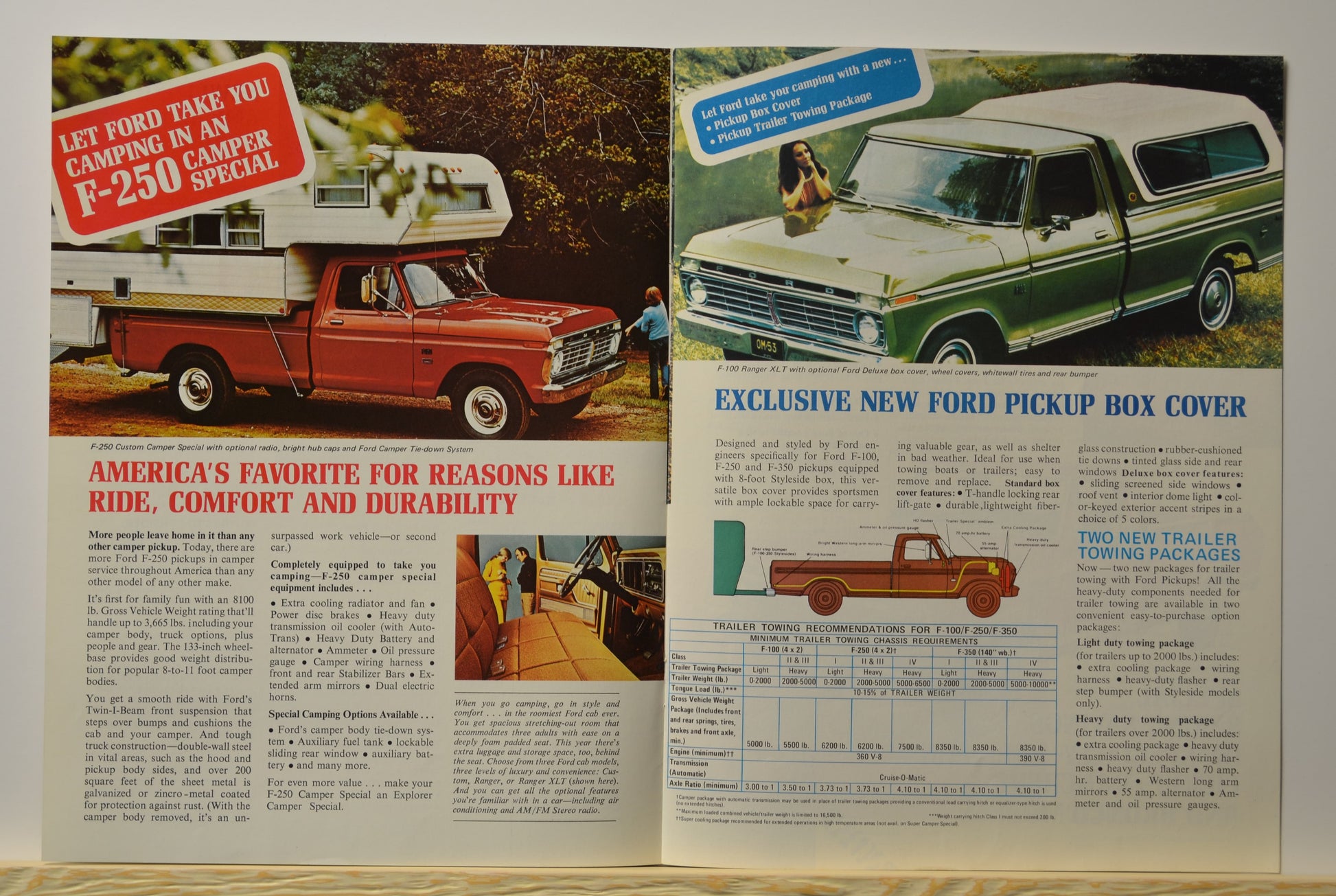 1973 Ford F-250 Camper Special and F-100 with pickup box cover shown in detailed brochure layout