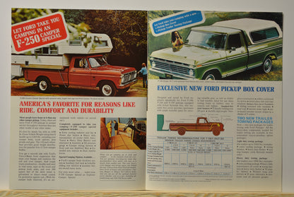 1973 Ford F-250 Camper Special and F-100 with pickup box cover shown in detailed brochure layout
