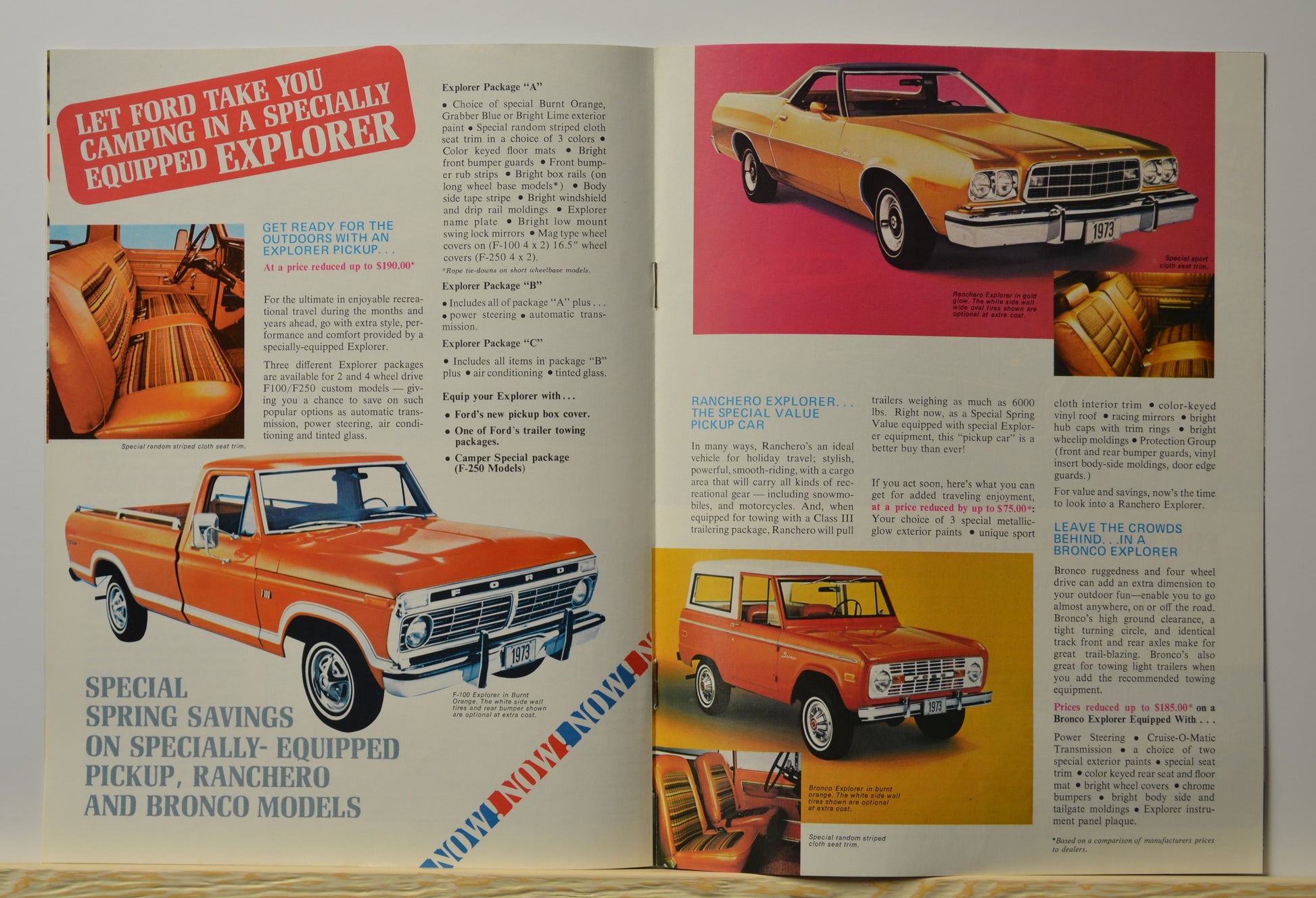 Ford Explorer, Ranchero, and Bronco Explorer options highlighted with colorful vehicle photos and seat trim details