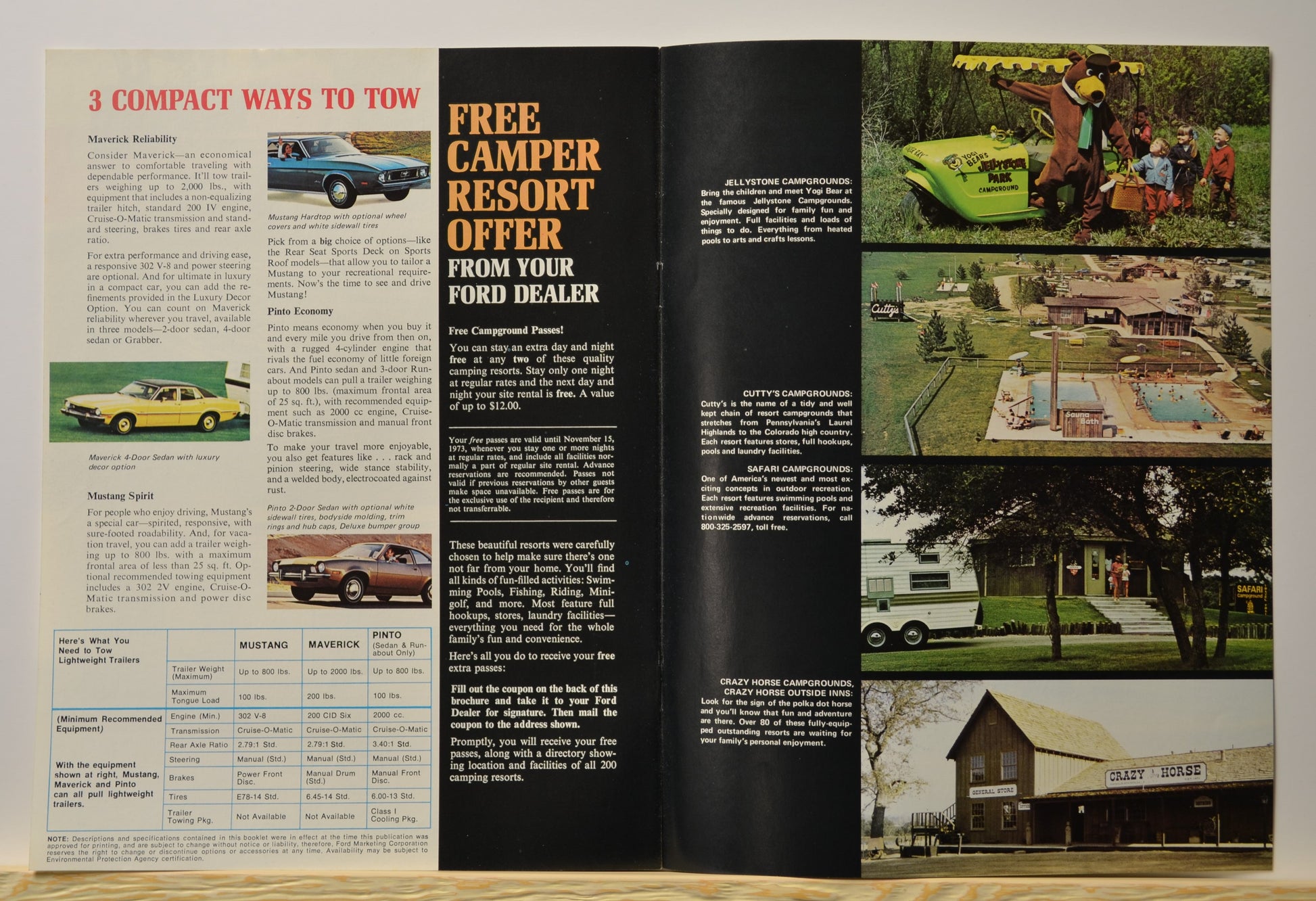 Compact Ford vehicles like Mustang, Maverick, and Pinto shown as camper tow options with campground resort offer
