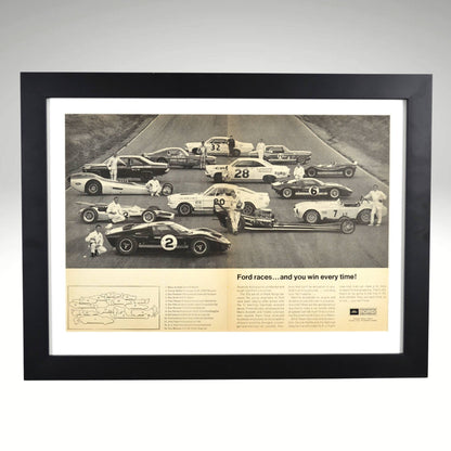 1967 Ford Racing poster framed print featuring Le Mans, Trans Am, Indy 500, NASCAR & NHRA legends including Andretti, Kalitta, Lorenzen, Foyt & McEwen.
