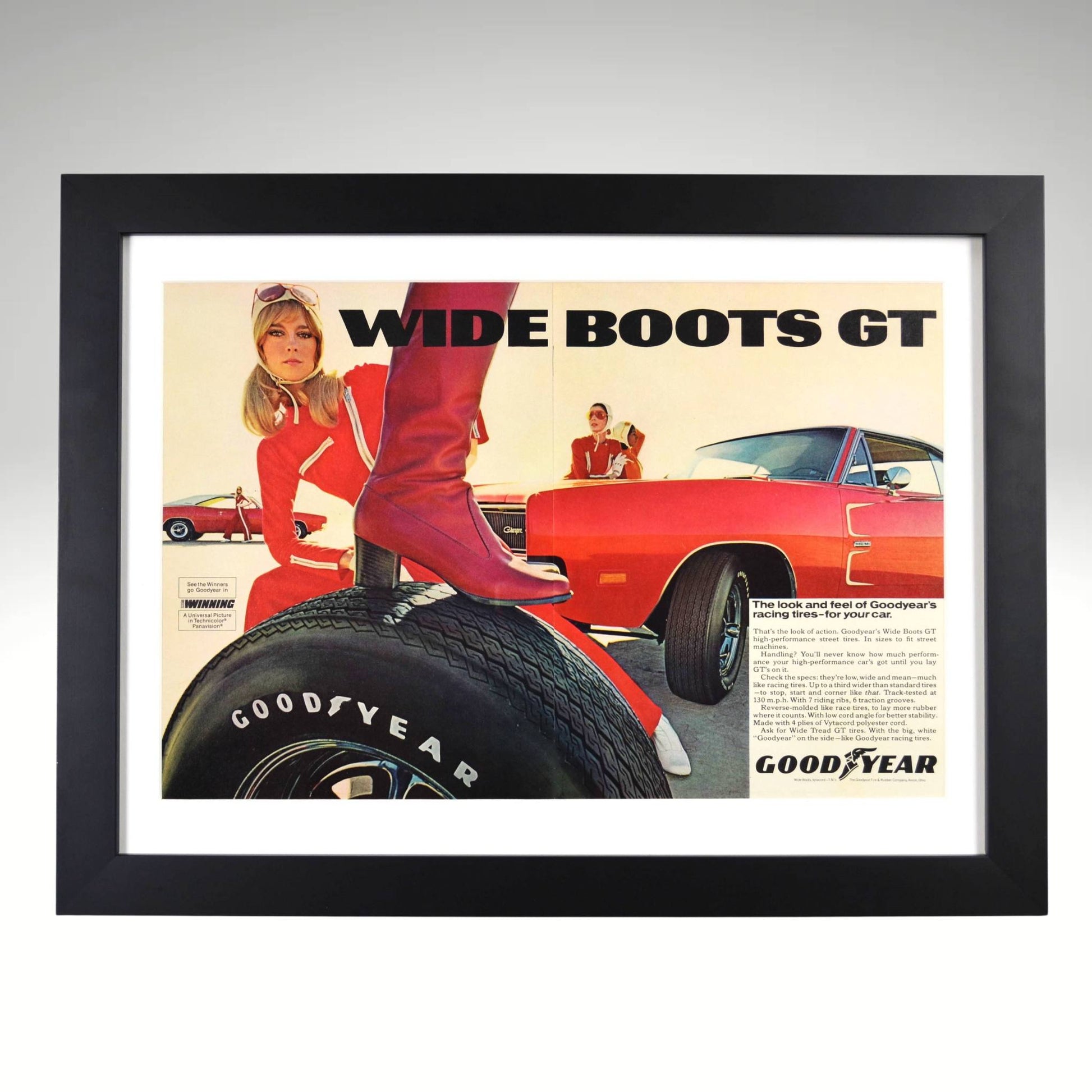 Framed 1960s Goodyear Wide Boots GT ad with red Dodge HEMI Charger

