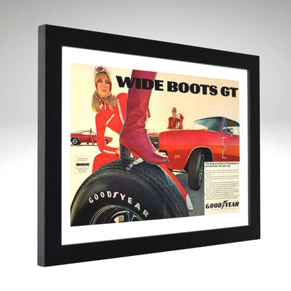 Framed 1960s Goodyear Wide Boots GT ad with red Dodge HEMI Charger side view

