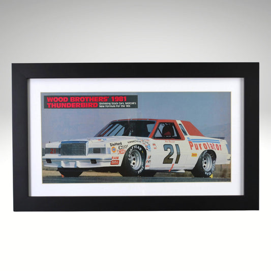 Framed 1981 Wood Brothers NASCAR Thunderbird print showing Neil Bonnett’s No. 21 Purolator Ford in a two-page racing ad, preserved as 12×20 wall art.