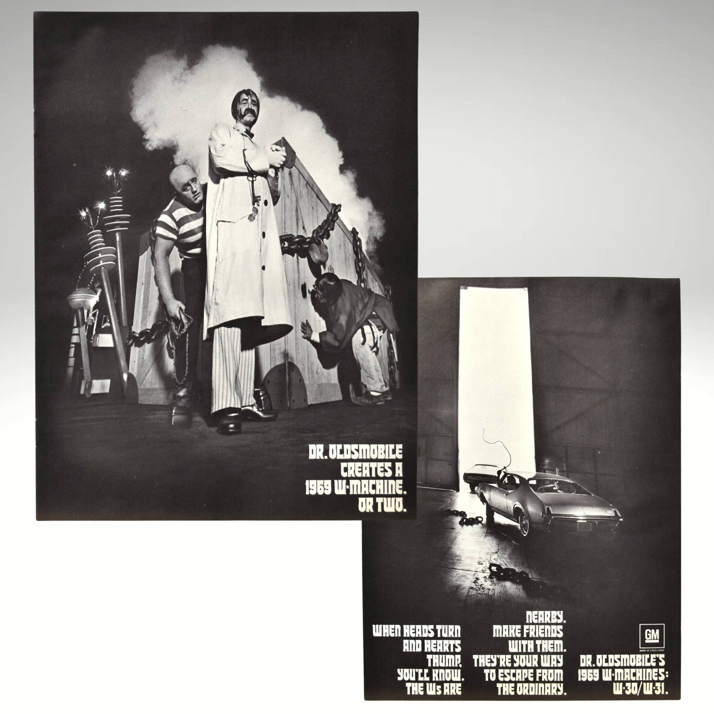 Front and back Cover of 1969 Oldsmobile W-Machines brochure with Dr. Oldsmobile and smoke