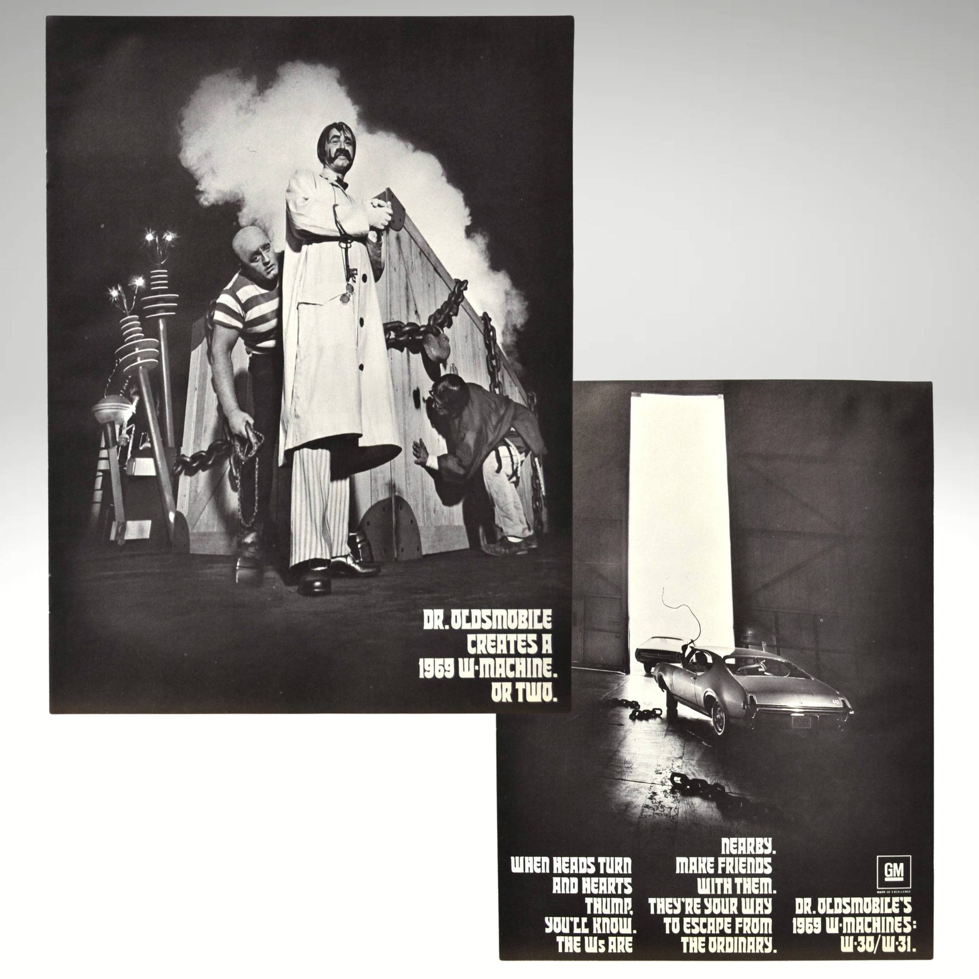 Front and back Cover of 1969 Oldsmobile W-Machines brochure with Dr. Oldsmobile and smoke