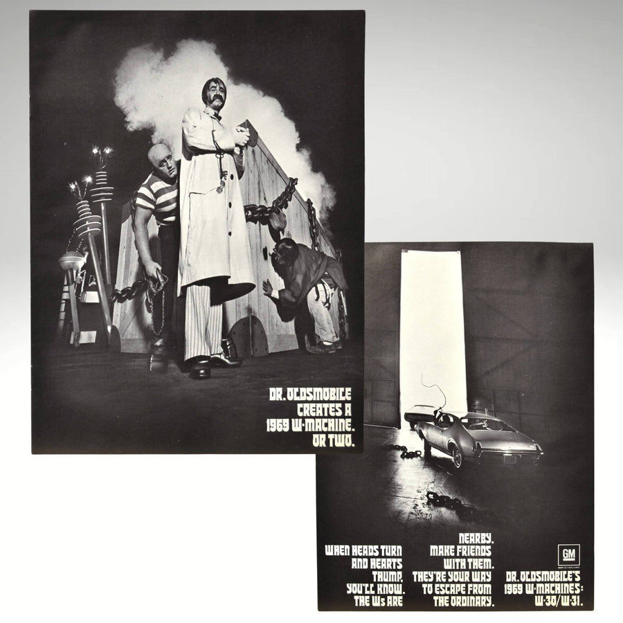 Front and back Cover of 1969 Oldsmobile W-Machines brochure with Dr. Oldsmobile and smoke