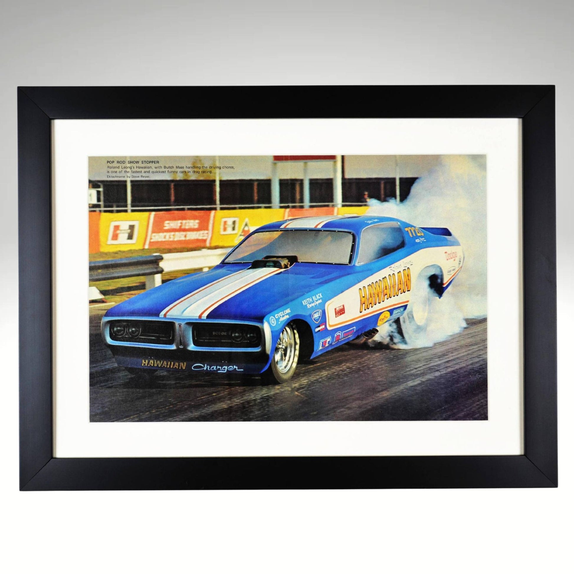 Hawaiian Charger Funny Car framed drag racing print, capturing NHRA nostalgia with smoky burnouts and raw horsepower. A must-have for racing fans.