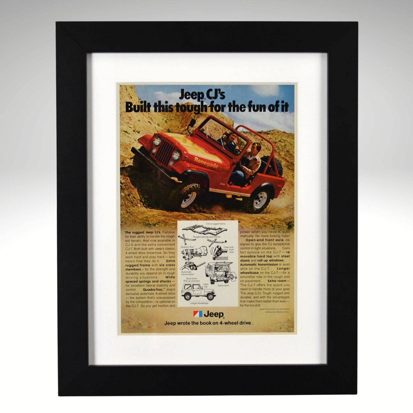 Framed advertisement for Jeep CJ with text 'Built this tough for the fun of it' on a desert background.