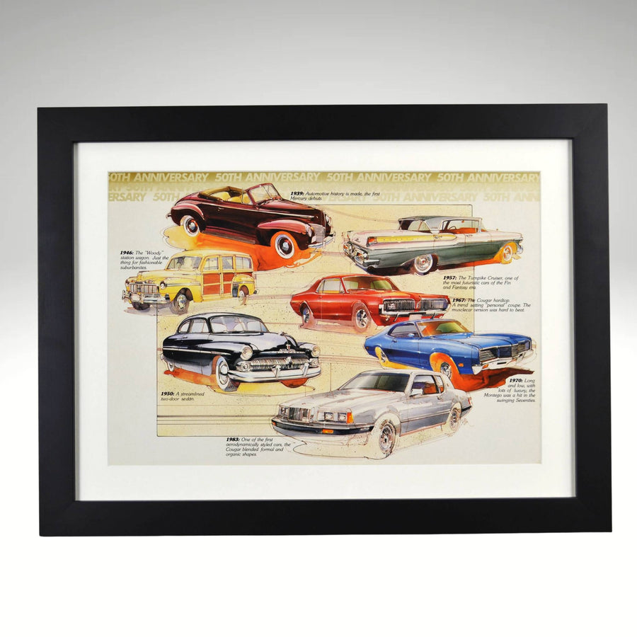 Framed Mercury 50th Anniversary retro ad featuring classic models from 1939 to 1989