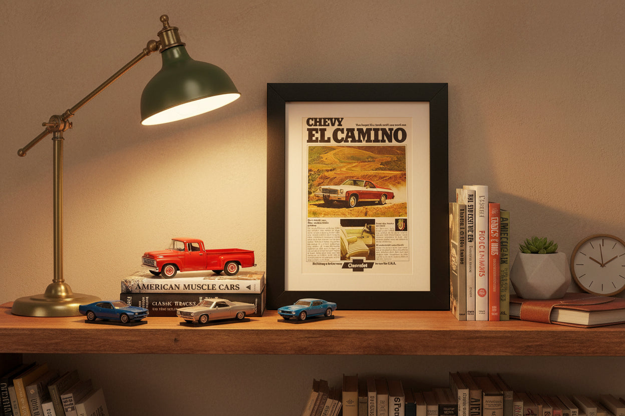 Framed advertisement for Chevy El Camino on a white background