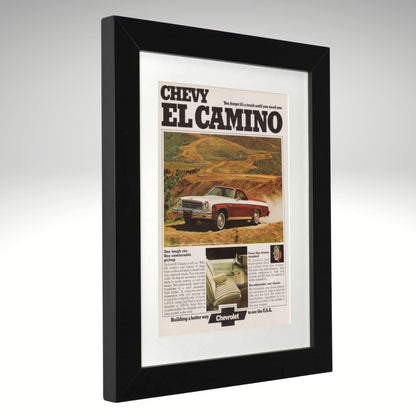 Framed advertisement for mid 70's Chevy El Camino on a white background