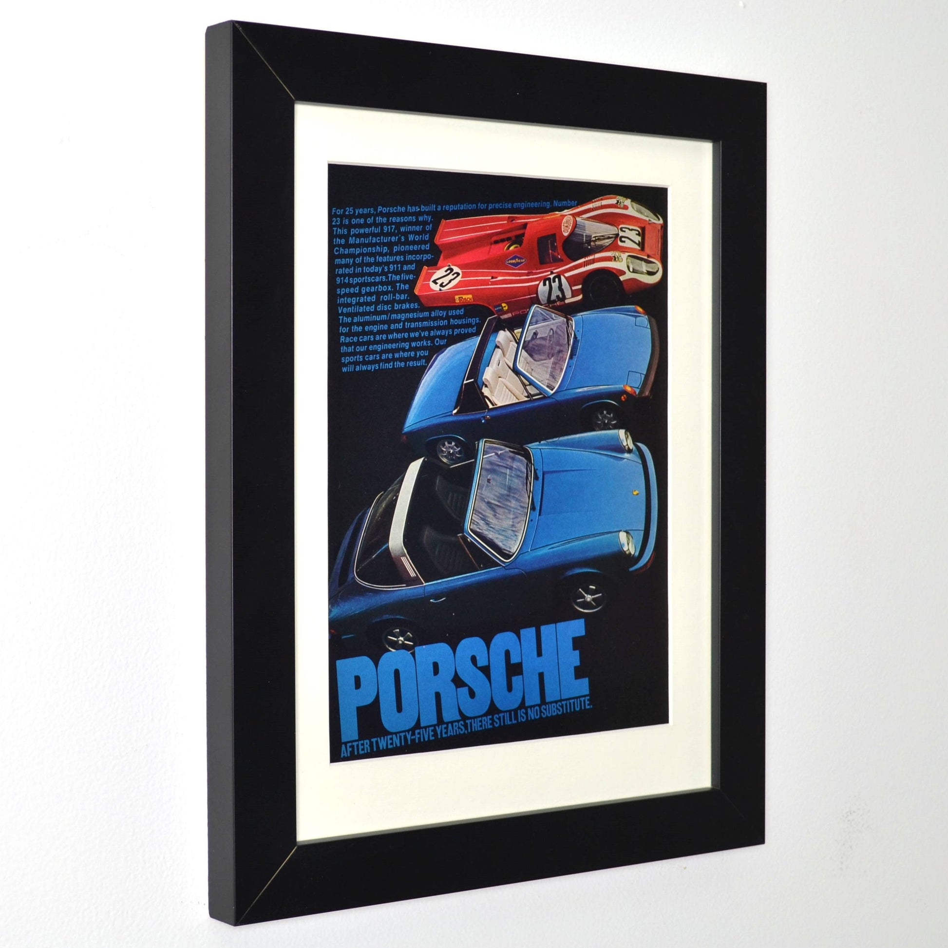 Framed Vintage Porsche Print – Porsche 917, 911, and 914 Advertisement – Classic Porsche Motorsport Wall Art side view