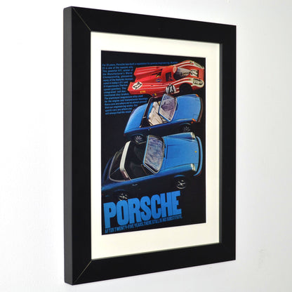 Framed Vintage Porsche Print – Porsche 917, 911, and 914 Advertisement – Classic Porsche Motorsport Wall Art side view