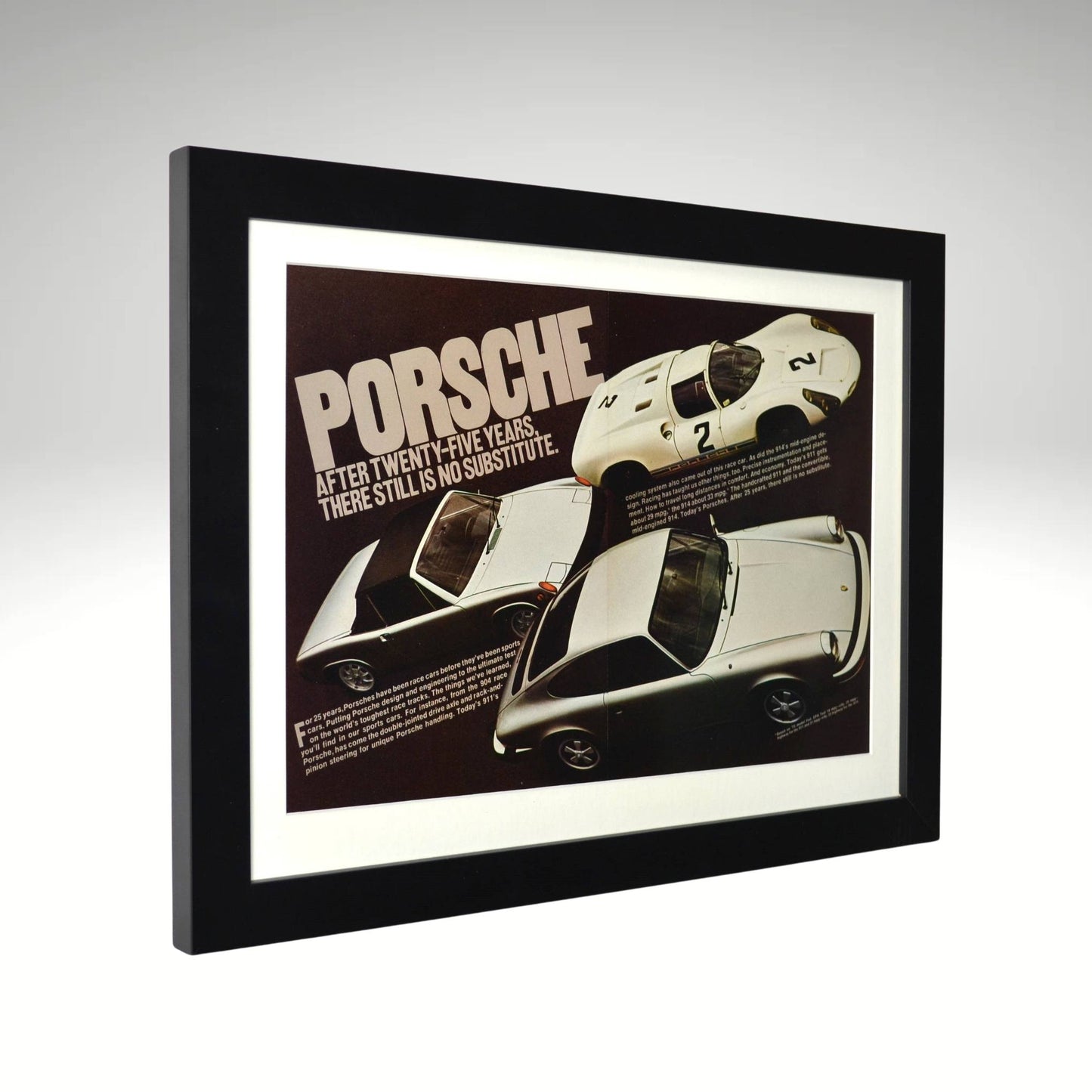 Framed Vintage Porsche Racing Print – Porsche 904, 914, and 911 Advertisement – Classic Porsche Motorsport Wall Art, 15x20, side view