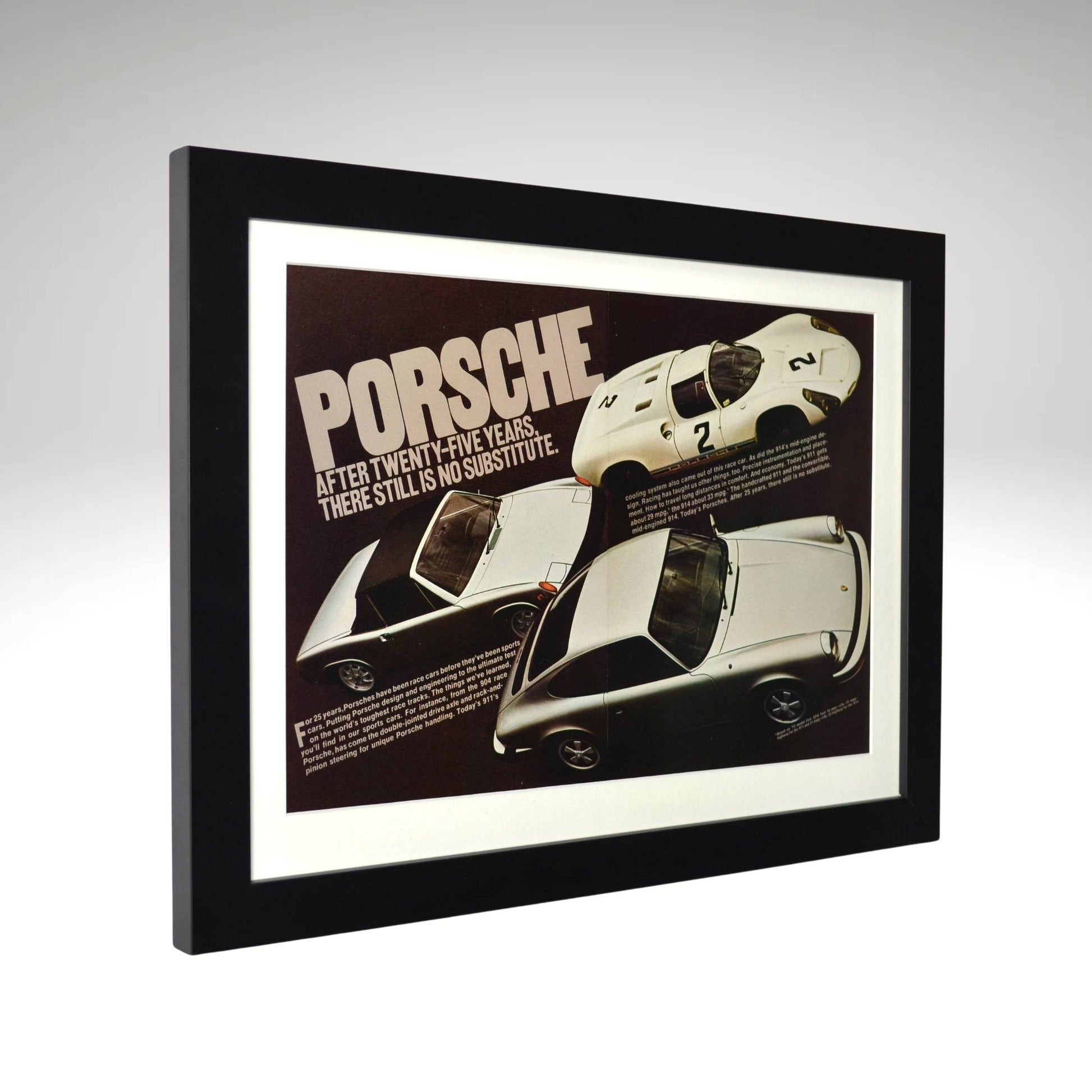 Framed Vintage Porsche Racing Print – Porsche 904, 914, and 911 Advertisement – Classic Porsche Motorsport Wall Art, 15x20, side view