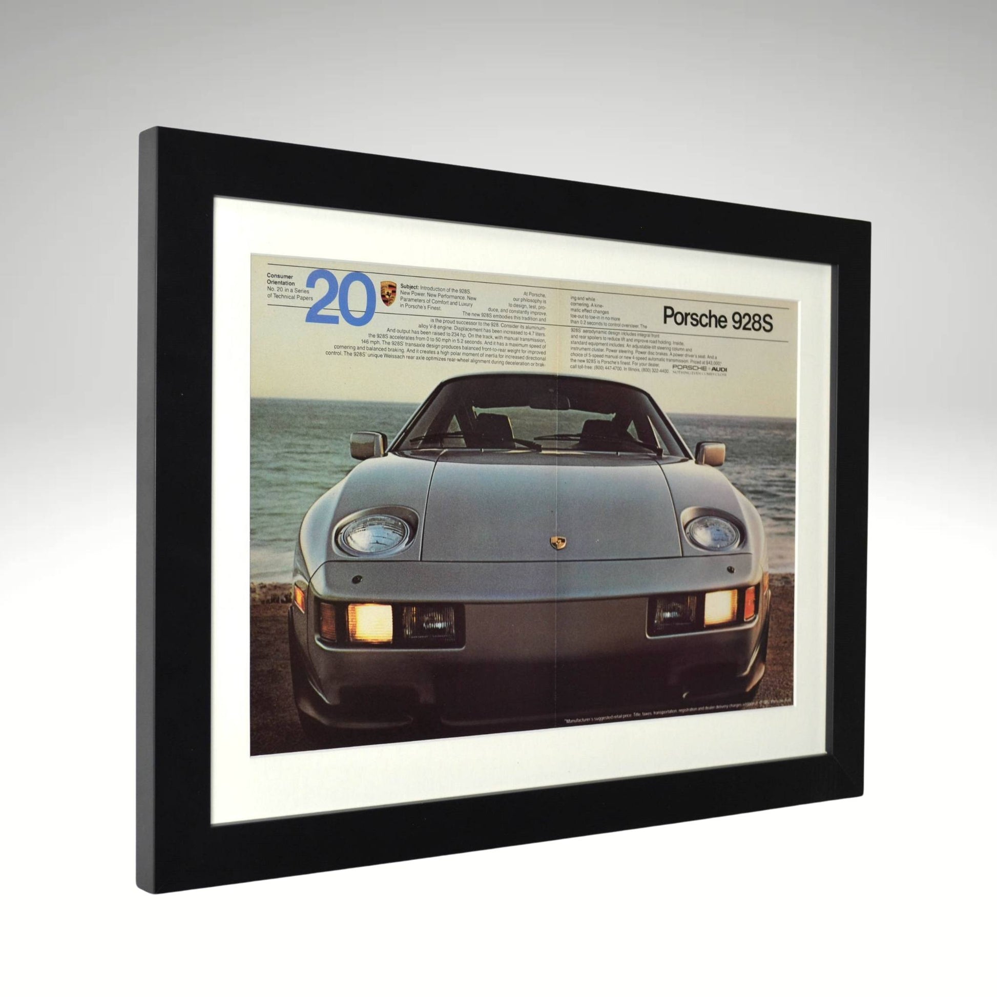 Framed Vintage Porsche 928S Print – Classic 1982 Porsche Advertisement – Grand Touring Wall Art side view