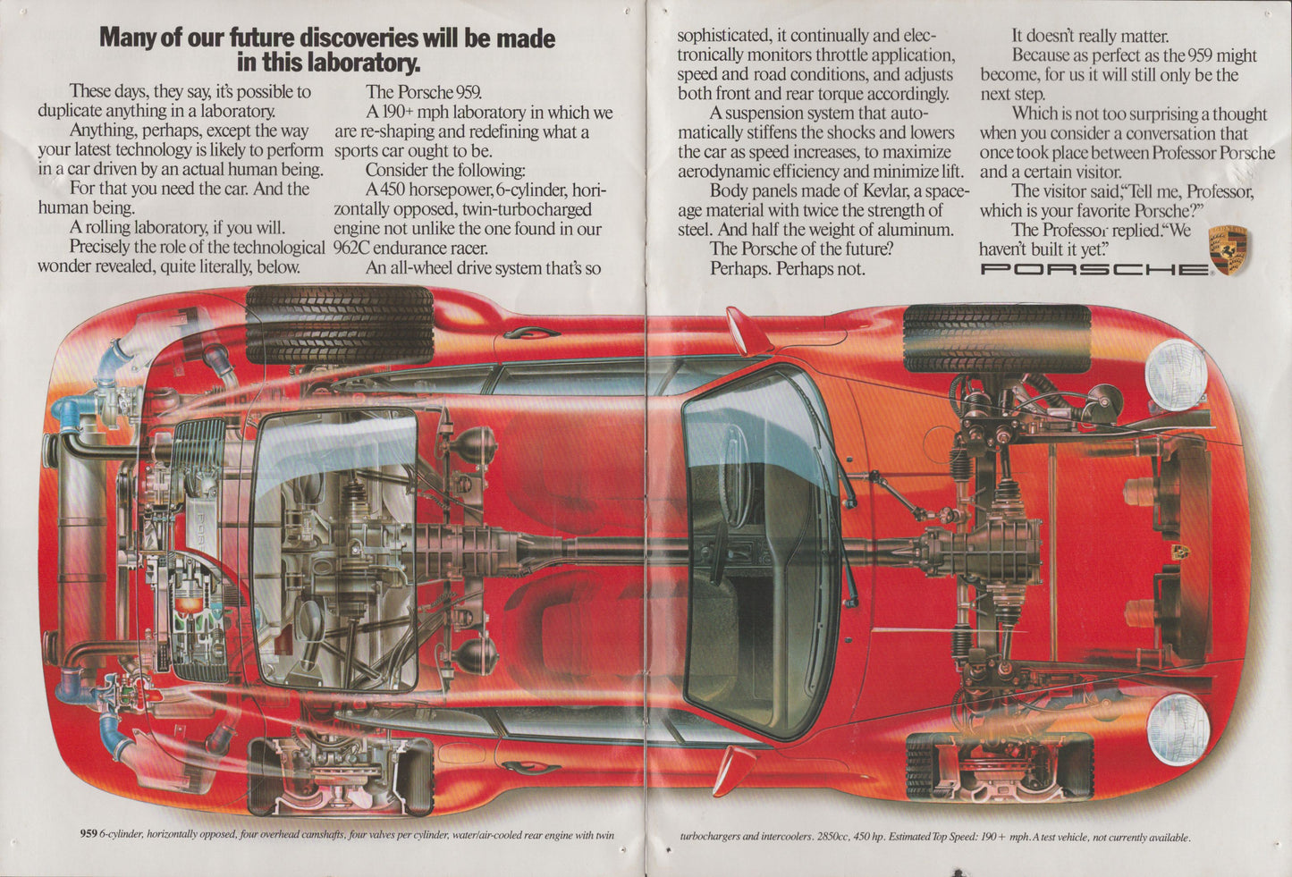 Schematic diagram of a red Porsche 959 car with text on a white background
