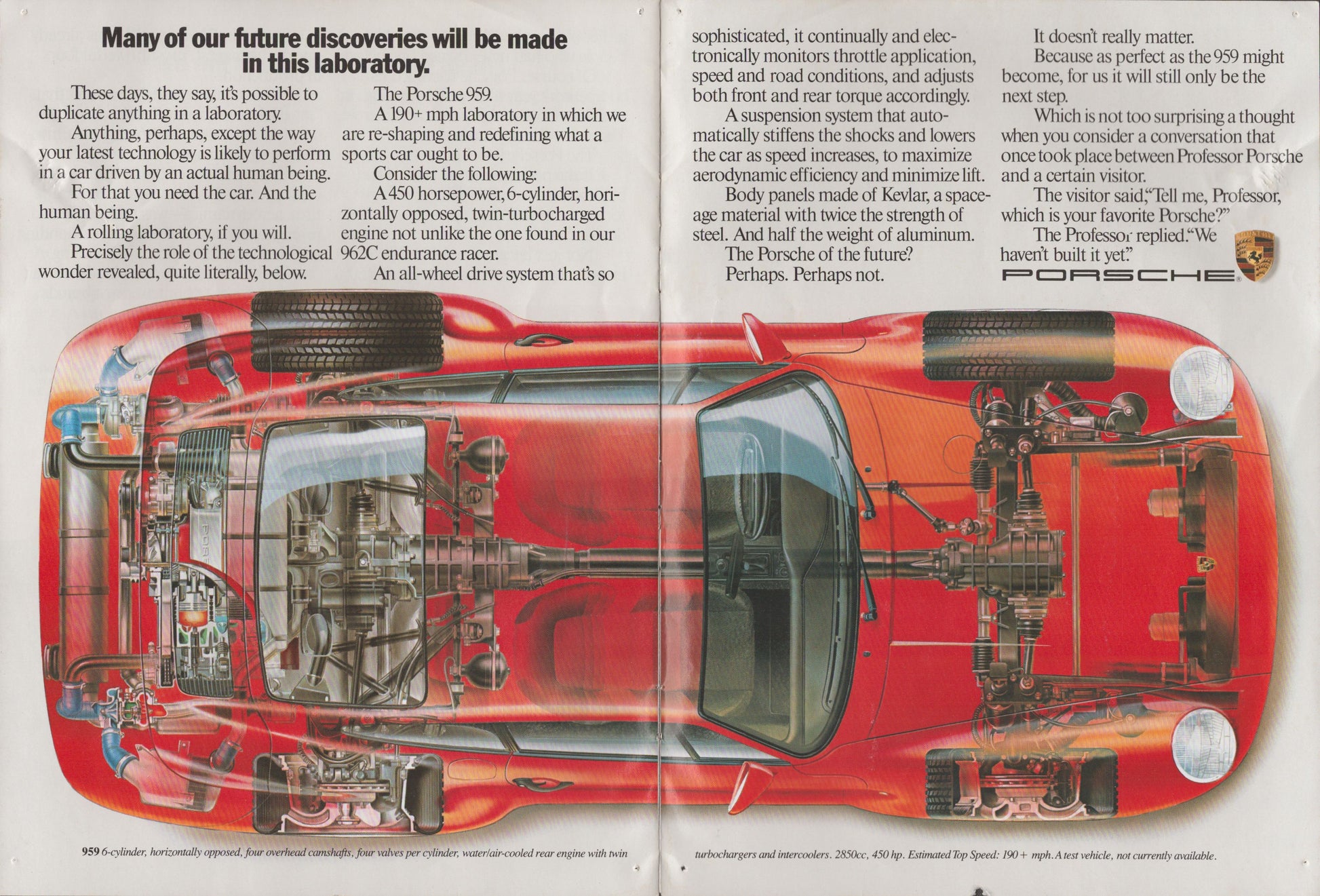 Schematic diagram of a red Porsche 959 car with text on a white background