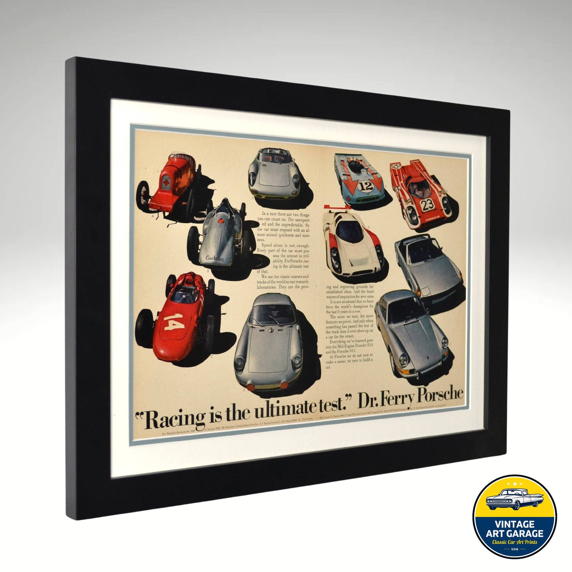 Framed Vintage Porsche Racing Print – Classic Porsche Race Car Advertisement – Double-Matted Motorsport Wall Art side view