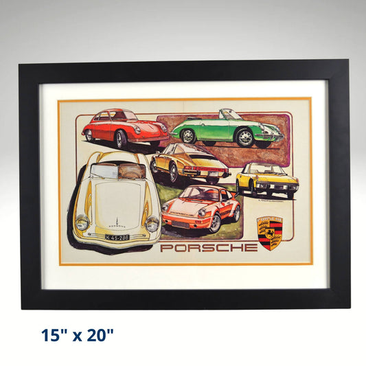 Framed Vintage Porsche Print – Classic Porsche Advertisement, Featuring 356, 911, and 914