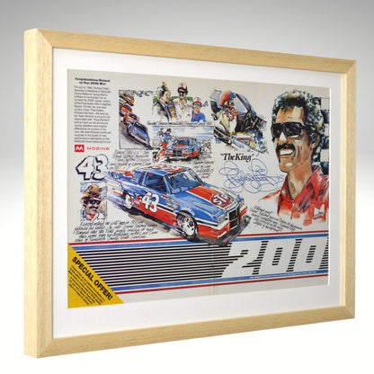 Framed Richard Petty collage featuring a racing car and a signature, with a light wood frame.