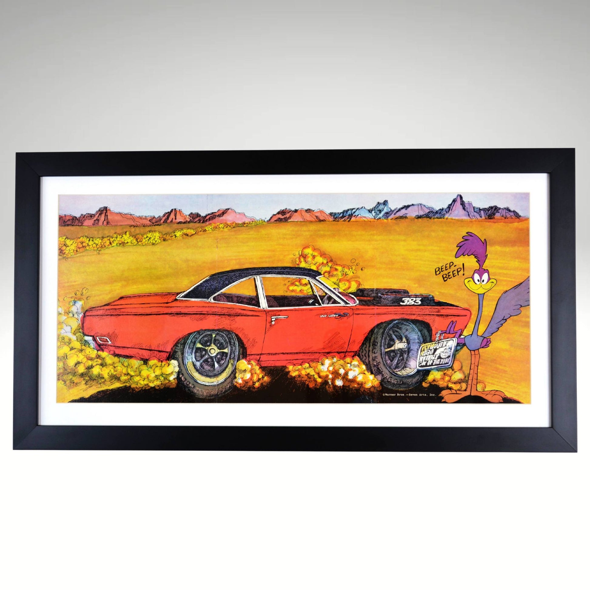 1969 Road Runner framed automotive art featuring classic Mopar muscle, a roaring 383 engine, and the iconic Beep Beep Road Runner in a desert chase scene.