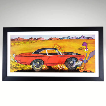 1969 Road Runner framed automotive art featuring classic Mopar muscle, a roaring 383 engine, and the iconic Beep Beep Road Runner in a desert chase scene.