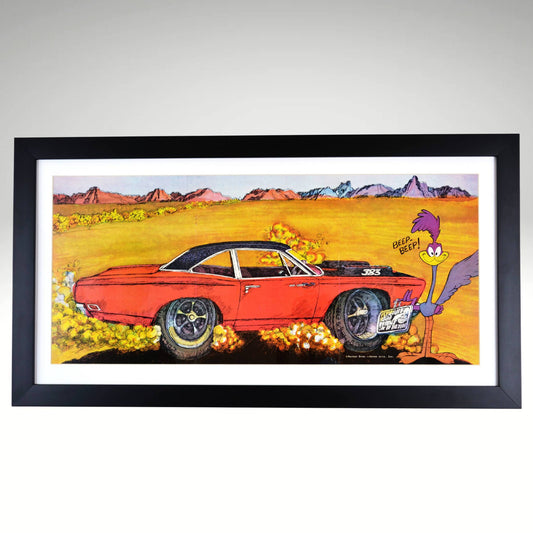 1969 Road Runner framed automotive art featuring classic Mopar muscle, a roaring 383 engine, and the iconic Beep Beep Road Runner in a desert chase scene.