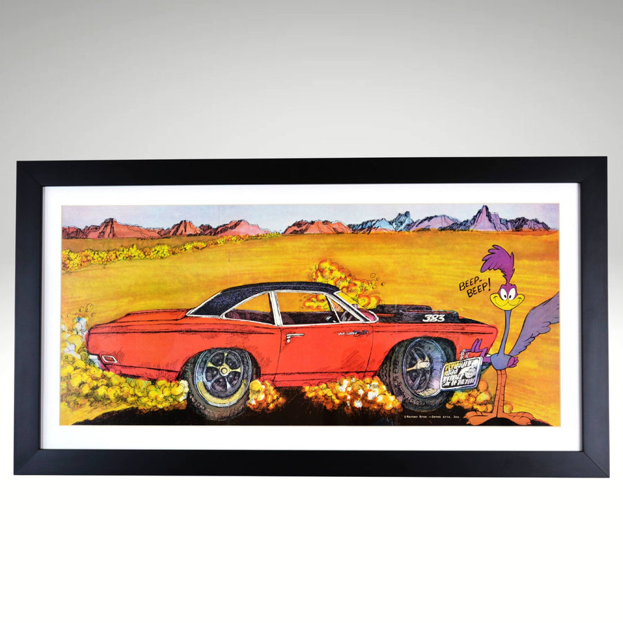 1969 Road Runner framed automotive art featuring classic Mopar muscle, a roaring 383 engine, and the iconic Beep Beep Road Runner in a desert chase scene.
