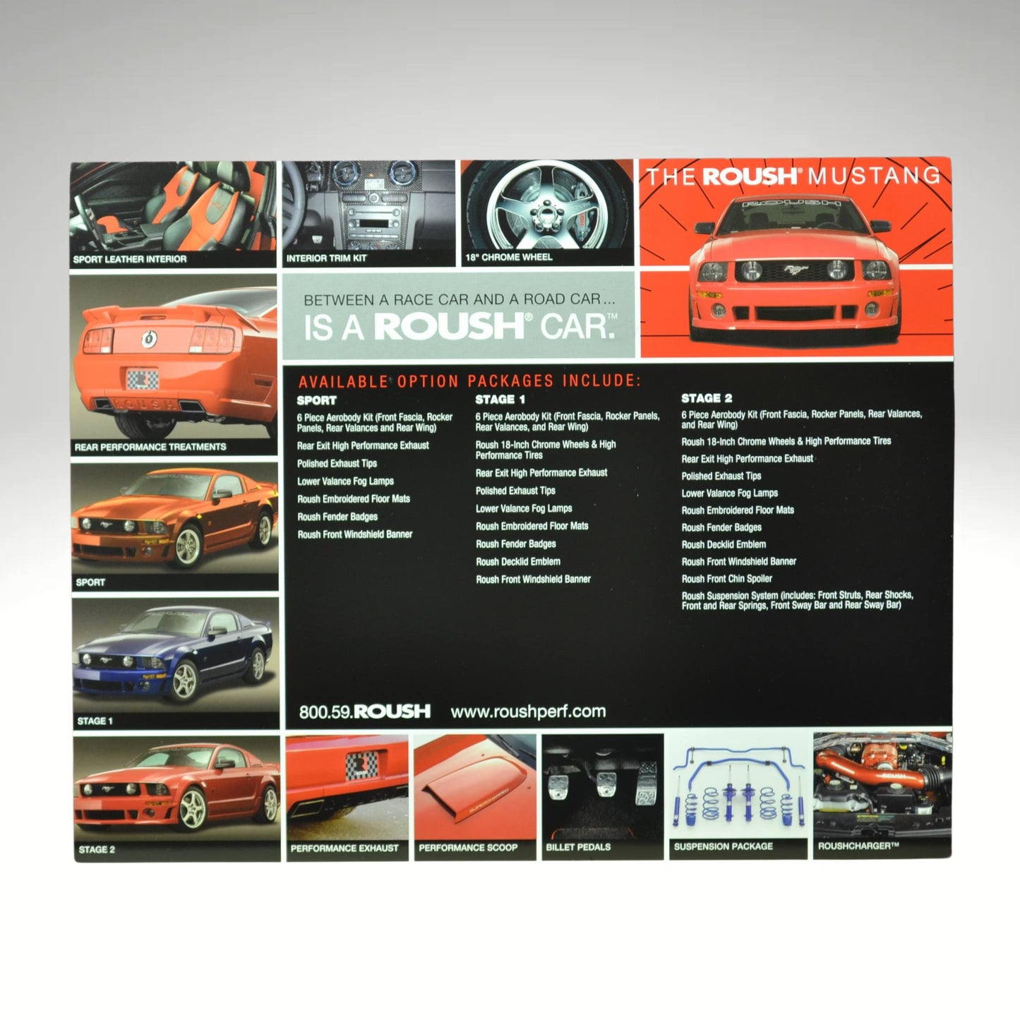 Backside of Roush Mustang promo card showcasing performance packages and specs.