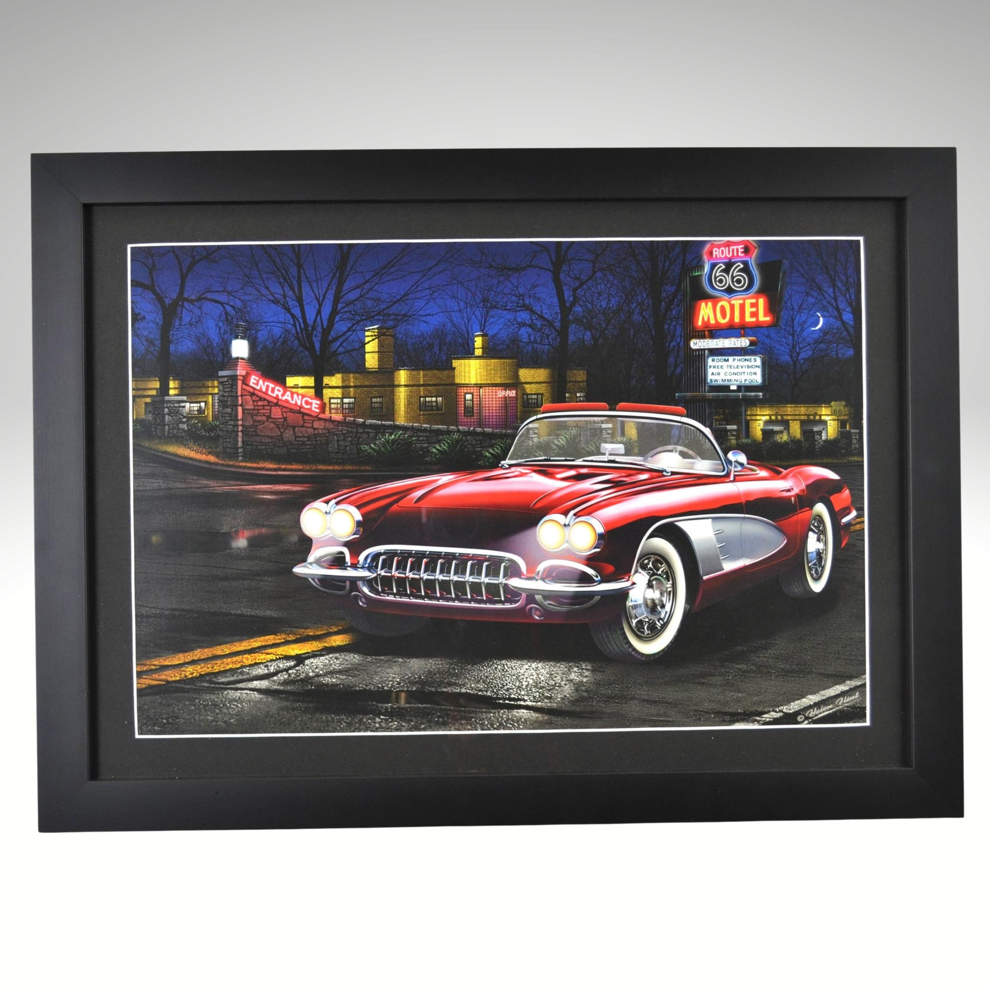 Route 66 Corvette framed wall art with black frame