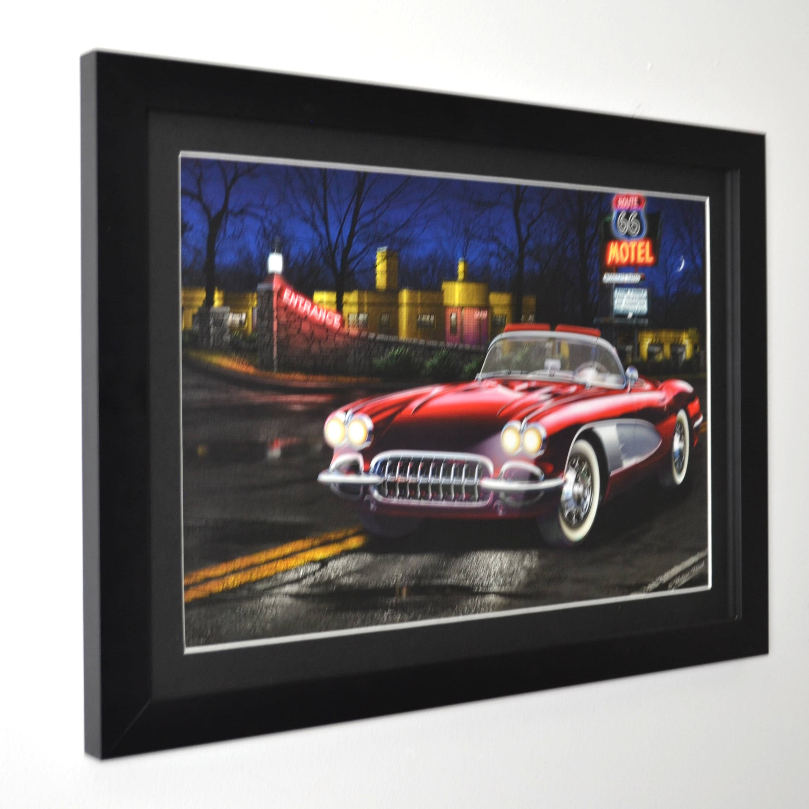 FordMotorCompany Route66 ヴィンテージ風 壁掛けアート Route 66 Corvette Framed Wall Art 16x22 | Vintage Art Garage