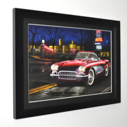 Route 66 Corvette Framed Wall Art – 16x22 Americana Print