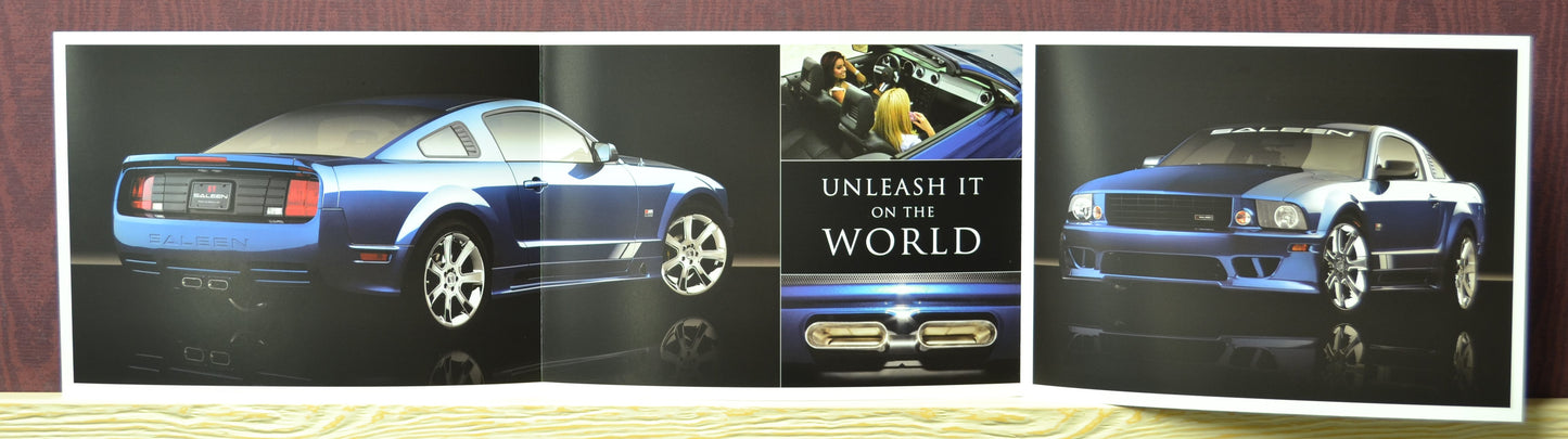 Interior pages of the 2006–2007 Saleen S281 3-Valve Mustang brochure showcasing detailed specs and visuals for coupe and convertible models